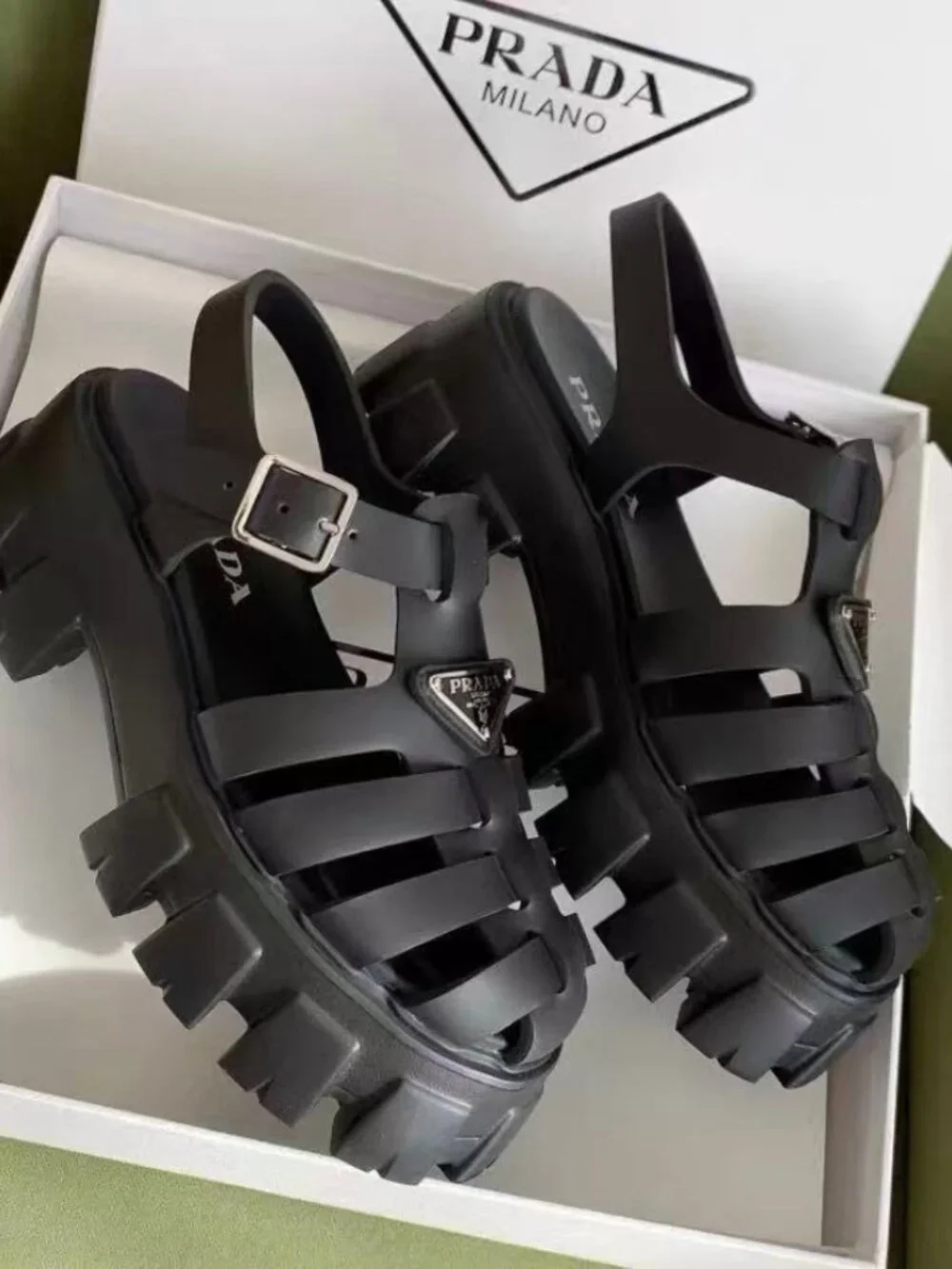 Prada Black Woven Lug Sole Slingback Sandals